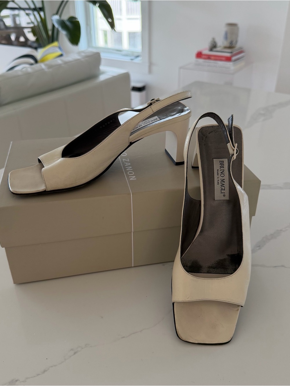 Bruno Magli Cream Leather Slingback Block Heels